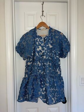 Anthropologie Blue Textured Puff-Sleeve Tiered Mini Dress
